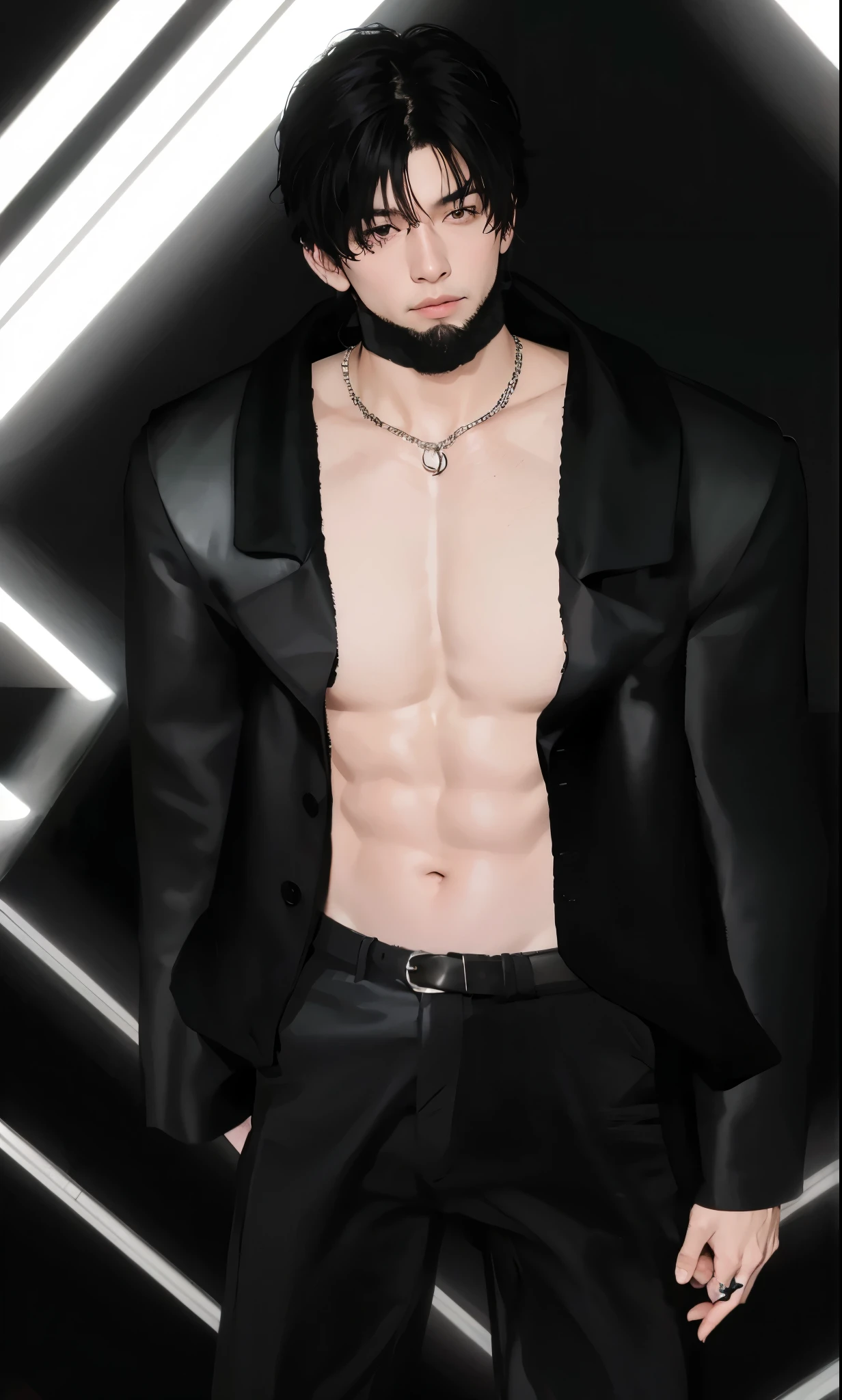 Gray skinned man, Black dress open in the middle, Black Magic