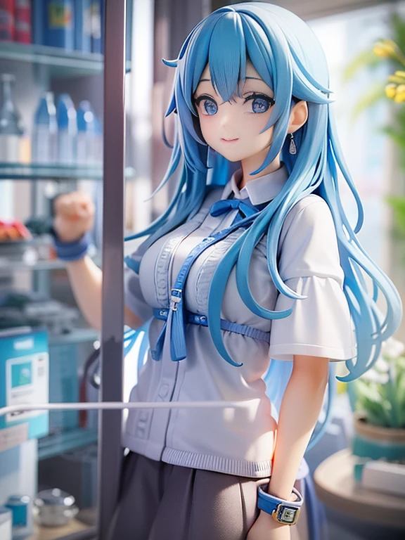 1 Neat girl、long blue hair、beautiful clear bright blue eyes、Shy smile、Convenience store clerk 、 Enter the acrylic box and stand inside.、surrounded by blue roses[Transparency]、[realisitic]、[3d]、[pvc][figma][(8k、RAW Photography、最hightquality、​masterpiece:1.2)、超hight resolution、realisiticな写真、profetional lighting、detailedsな照明、professional photograpy、hightquality、hight resolution、非常にdetaileds、Bloom、depth of fields、 Sketched、foco nítido、softlighting、detaileds、detailedsなスキン、to8contrast style。