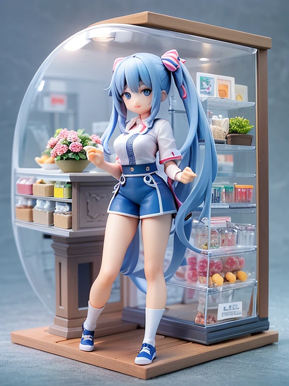 1 Neat girl、long blue hair、beautiful clear bright blue eyes、Shy smile、Convenience store clerk 、 Enter the acrylic box and stand inside.、surrounded by blue roses[Transparency]、[realisitic]、[3d]、[pvc][figma][(8k、RAW Photography、最hightquality、​masterpiece:1.2)、超hight resolution、realisiticな写真、profetional lighting、detailedsな照明、professional photograpy、hightquality、hight resolution、非常にdetaileds、Bloom、depth of fields、 Sketched、foco nítido、softlighting、detaileds、detailedsなスキン、to8contrast style。