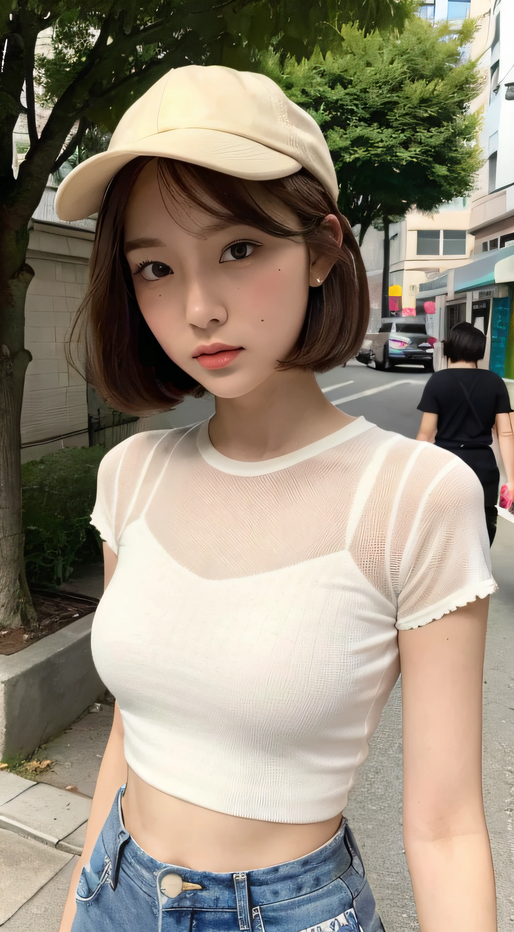 （（best qualtiy，8K，tmasterpiece：1.3）），（Flower Cap：1.3），Perfect beauty：1.4，glute：1.2，（Layered Hair Style：1.2）），（the street：1.3），Highly detailed face and skin textures，full body Esbian，Elaborate Eyes，二重まぶた，Whiten skin，Short Wave Hair，Cute Korean Beauties（With a round face：1.5），（Loose top，shortpants：1.6）