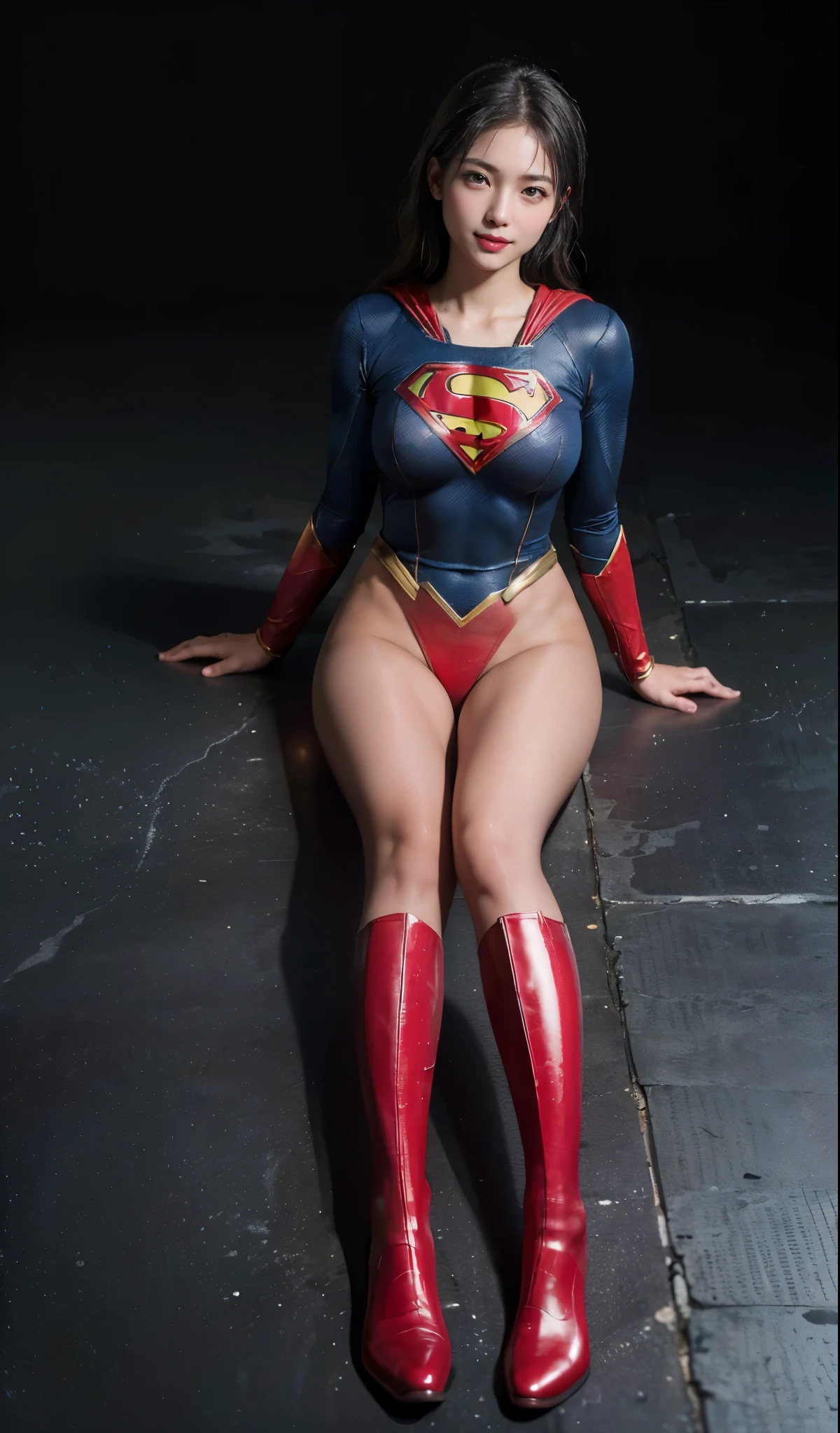 No background、Are sleeping、lying back on、(((Wear black tights on your beautiful legs.)))、(((Grow legs、tall、Legally express the beauty of your smile)))、((((Make the most of the original image)))、(((Supergirl Costume)))、(((beautiful hairl)))、(((Suffering)))、(((Feet must necessarily be worn with black tights)))、(((You need to wear red boots)))、((Top image quality、8K))、((top-quality、8K、masterpiece:1.3))、(((Keep Background )))、Crisp focus:1.2、Beautiful woman with perfect body shape:1.4、Slender Abs:1.2、a wet body:1.5、Highly detailed facial and skin texture、8K