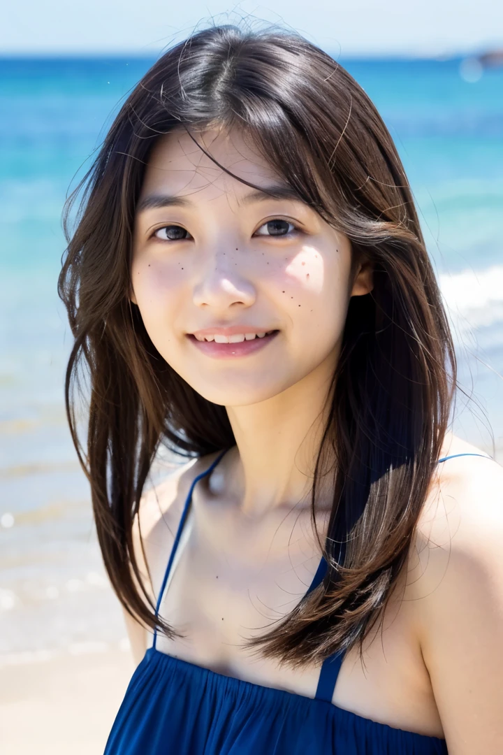 Yui Arakaki、long hair to shoulders、One piece light blue、kindly smile、Background sea、sand beach、Sunnyday、Hair color brown、Mole at the corner of the eye、frontage、