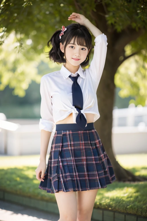 (((​masterpiece))), (((Full body photo)))， (One beautiful Japan girl, Innocence，kawaii) ，超A high resolution, Realistic, ultra-detailliert, 8K,top-quality, Extremely detailed, Detailed background,A slender,very beautiful japanese girl, Detailed face:1.3), (short-haired,I tie my hair short and put it up..，Cute Hair Ornament，A dark-haired :1.4), (a baby face，kawaii系,adorable 10 year old girl), (Perfect body:1.1),  (White shirt，Red plaid mini skirt、Dark blue high socks、lowfers), On the lawn of the park，ask for a smile,Show your beautiful teeth,((Focus on the crotch，The hem of her skirt is lifted so you can see her panties.)),sexy  pose，rosy cheeks，Super Detailed Face、Detailed lips、A detailed eye、small gravure idol，Transparent skin、****ta，japanese hight school uniform，Shade，Under a big tree，Photorealistic:1.37，no-makeup，Neutral Lighting,I'm in the pool,absurderes