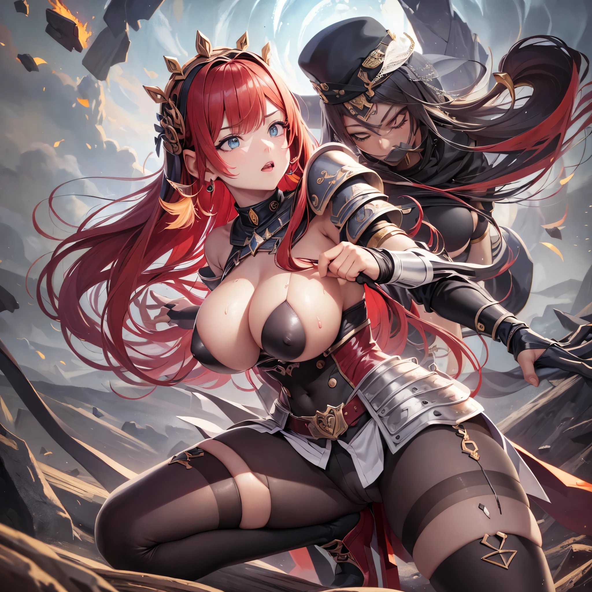 ((best quality)), ((masterpiece)), (detailed), (fight scene, action shot, battle in forest, goblins attacking human female), (human femalewarrior_olis), close to viewer, (red hair, green eyes, huge breasts, earrings, choker, o-ring, shoulder armor, armlet, bikini armor, breast armor, underboob, corset, gloves, black panties, over-kneehighs), (sword, torn clothing:, armor torn off, fierce expression1.3), (nipple, wet,