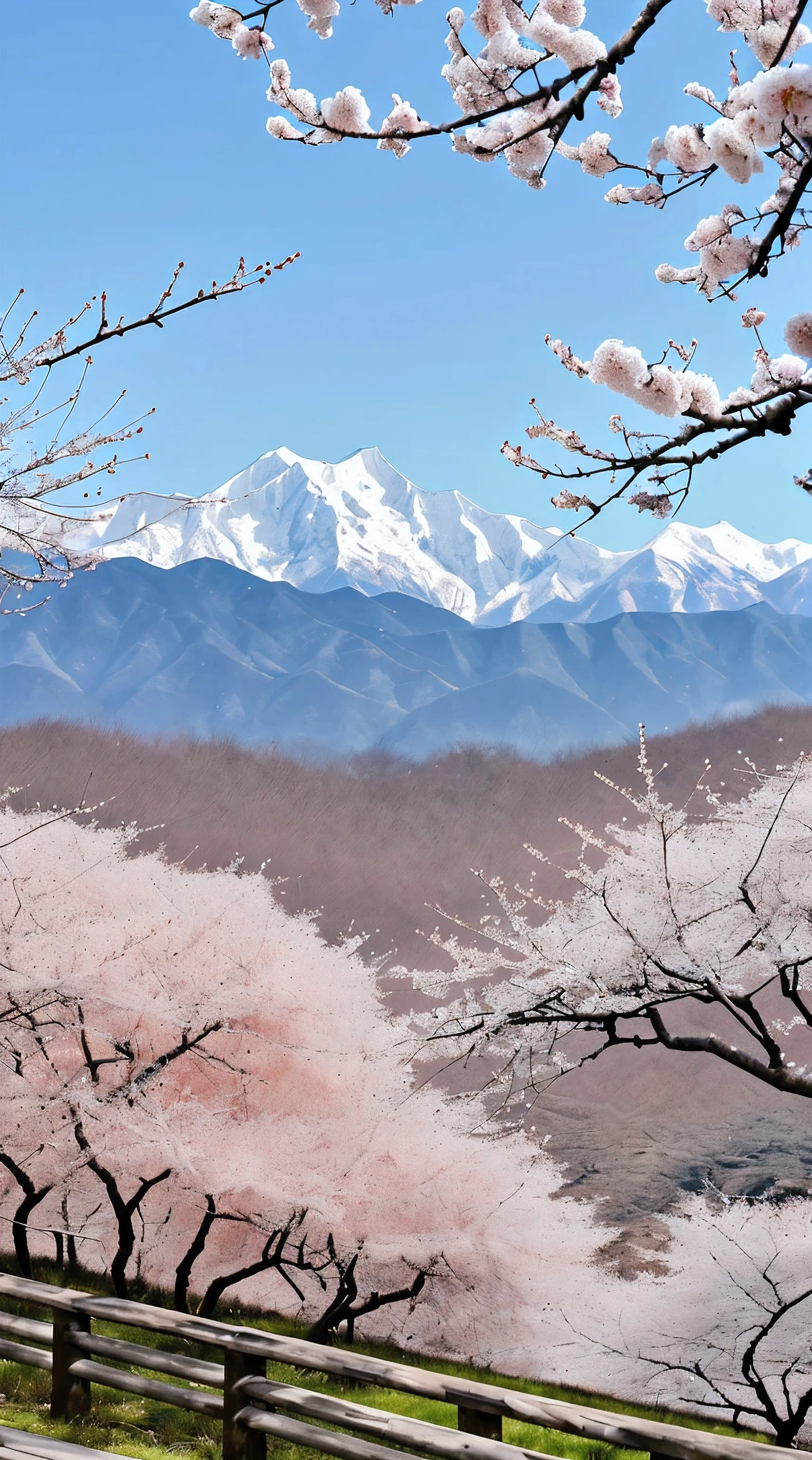 On a sunny day, There is a peach blossom forest here. there are snow-capped mountains in the distance. Tourists take photos in peach blossom forest、tourism.