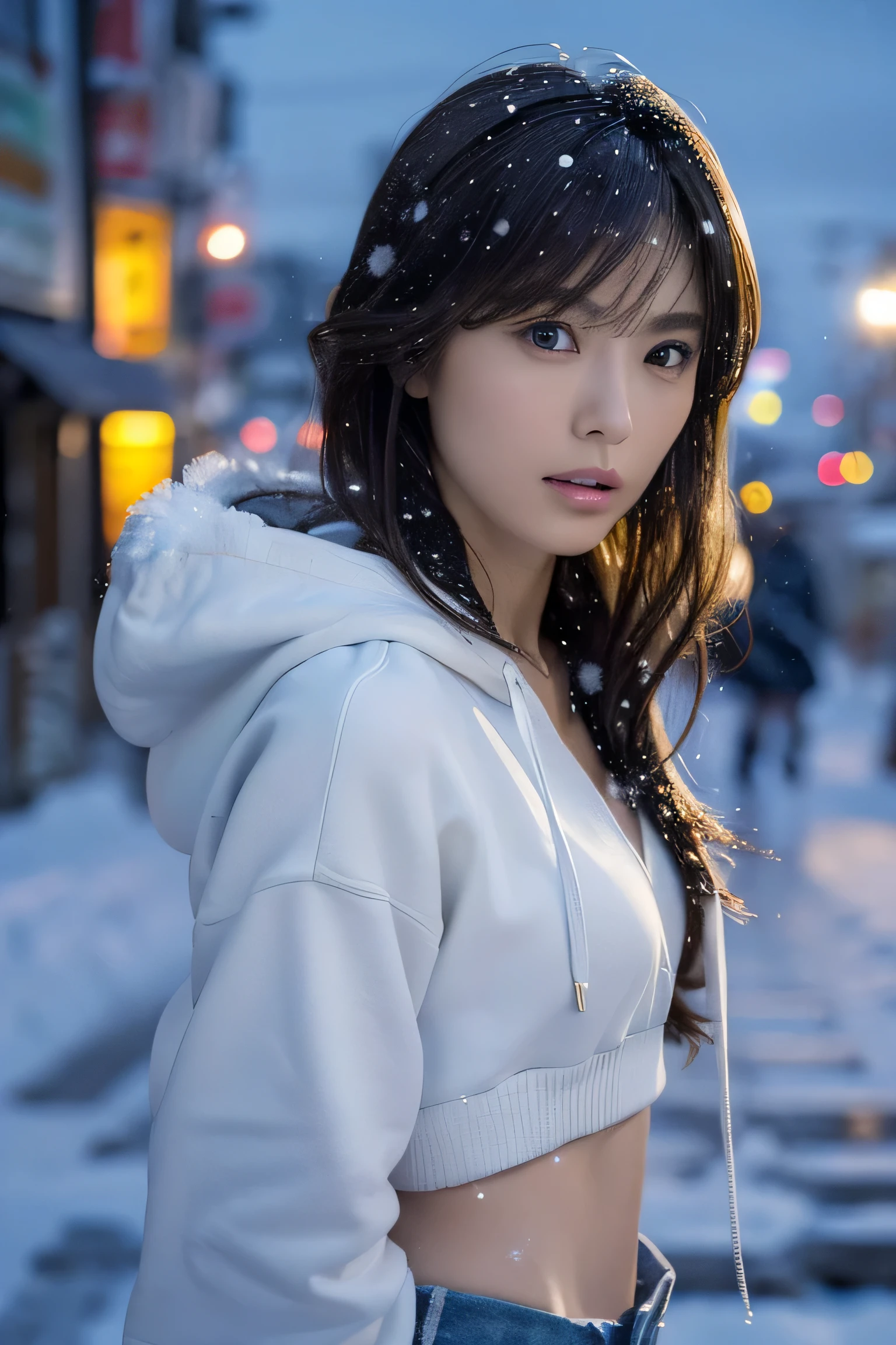(masutepiece:1.2), ultra-detailliert, 超A high resolution, (Realistic, photo Realistic:1.37), high-definition RAW color photography, professional photograpy, extra detailed face, extremely detailed eye, highlydetailed skin, extremely detailed fingers, highly detailed nose, highly detail mouth, Perfect Anatomy, Highly detailed backgrounmous actress of Japan:1.2), (gals:1.3), (flat chest), Brown race, Dark skin, Very short cut hair, shadowy, hair messy, Full body, padded jacket, White hoodie, during night, dark street view, snow in my hair, (Snow in the sky:1.6), Background in the city, Hoodie on the head, Cinematic lighting, Denim pants, (mid-riff peak:1.3),