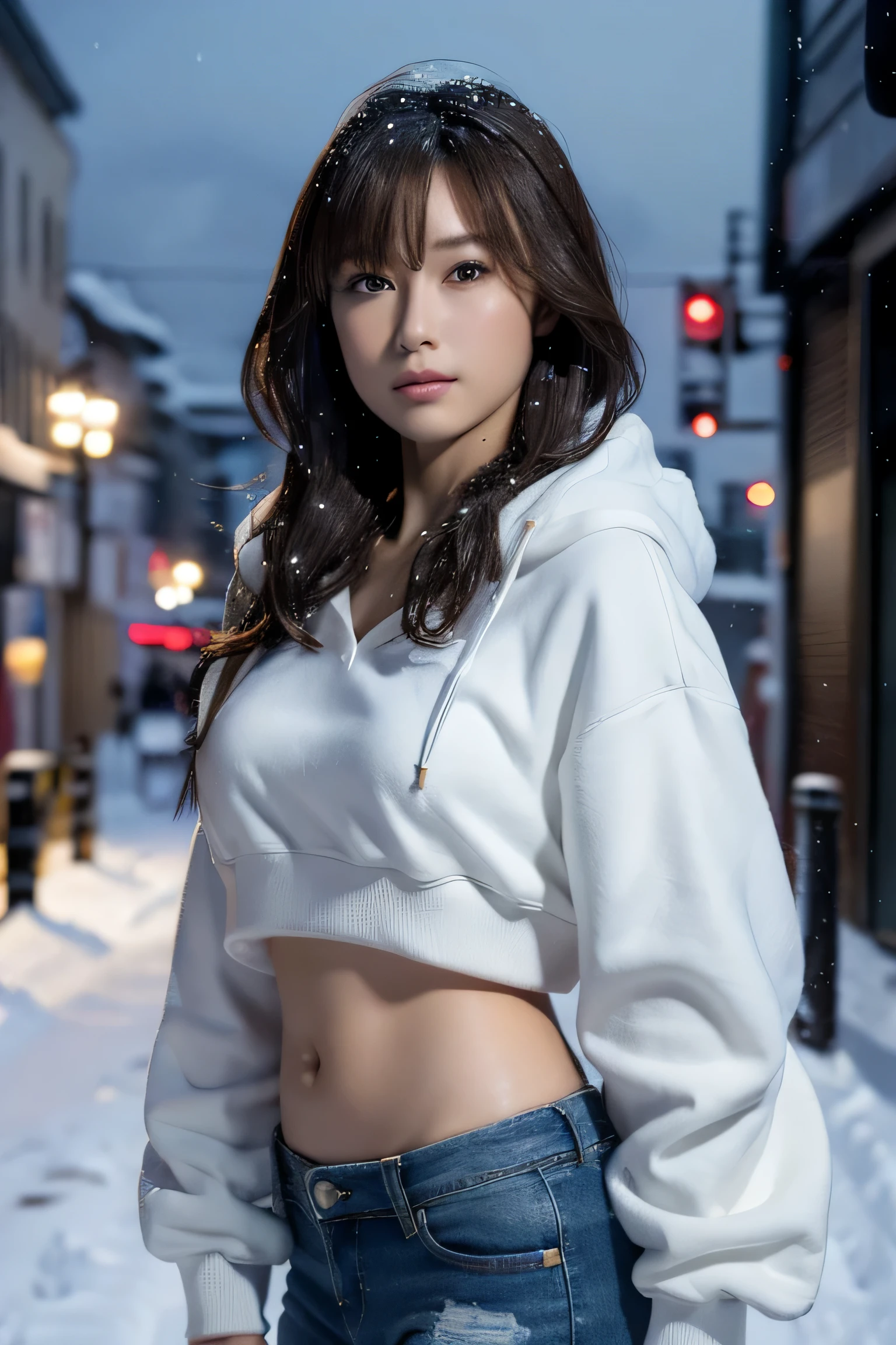 (masutepiece:1.2), ultra-detailliert, 超A high resolution, (Realistic, photo Realistic:1.37), high-definition RAW color photography, professional photograpy, extra detailed face, extremely detailed eye, highlydetailed skin, extremely detailed fingers, highly detailed nose, highly detail mouth, Perfect Anatomy, Highly detailed backgrounmous actress of Japan:1.2), (gals:1.3), (flat chest), Brown race, Dark skin, Very short cut hair, shadowy, hair messy, Full body, padded jacket, White hoodie, during night, dark street view, snow in my hair, (Snow in the sky:1.6), Background in the city, Hoodie on the head, Cinematic lighting, Denim pants, (mid-riff peak:1.3),