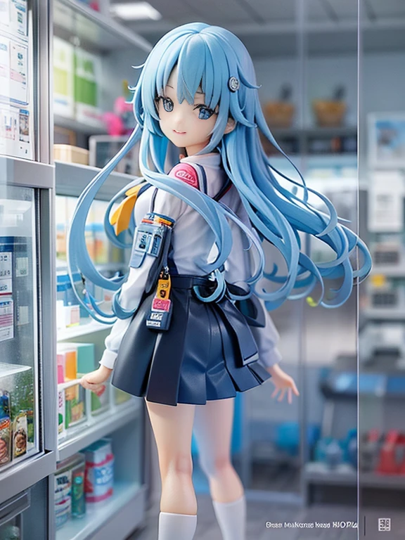 1 Neat girl、long blue hair、beautiful clear bright blue eyes、Shy smile、Convenience store clerk 、 Enter the acrylic box and stand inside.、surrounded by blue roses[Transparency]、[realisitic]、[3d]、[pvc][figma][(8k、RAW Photography、最hightquality、​masterpiece:1.2)、超hight resolution、realisiticな写真、profetional lighting、detailedsな照明、professional photograpy、hightquality、hight resolution、非常にdetaileds、Bloom、depth of fields、 Sketched、foco nítido、softlighting、detaileds、detailedsなスキン、to8contrast style。