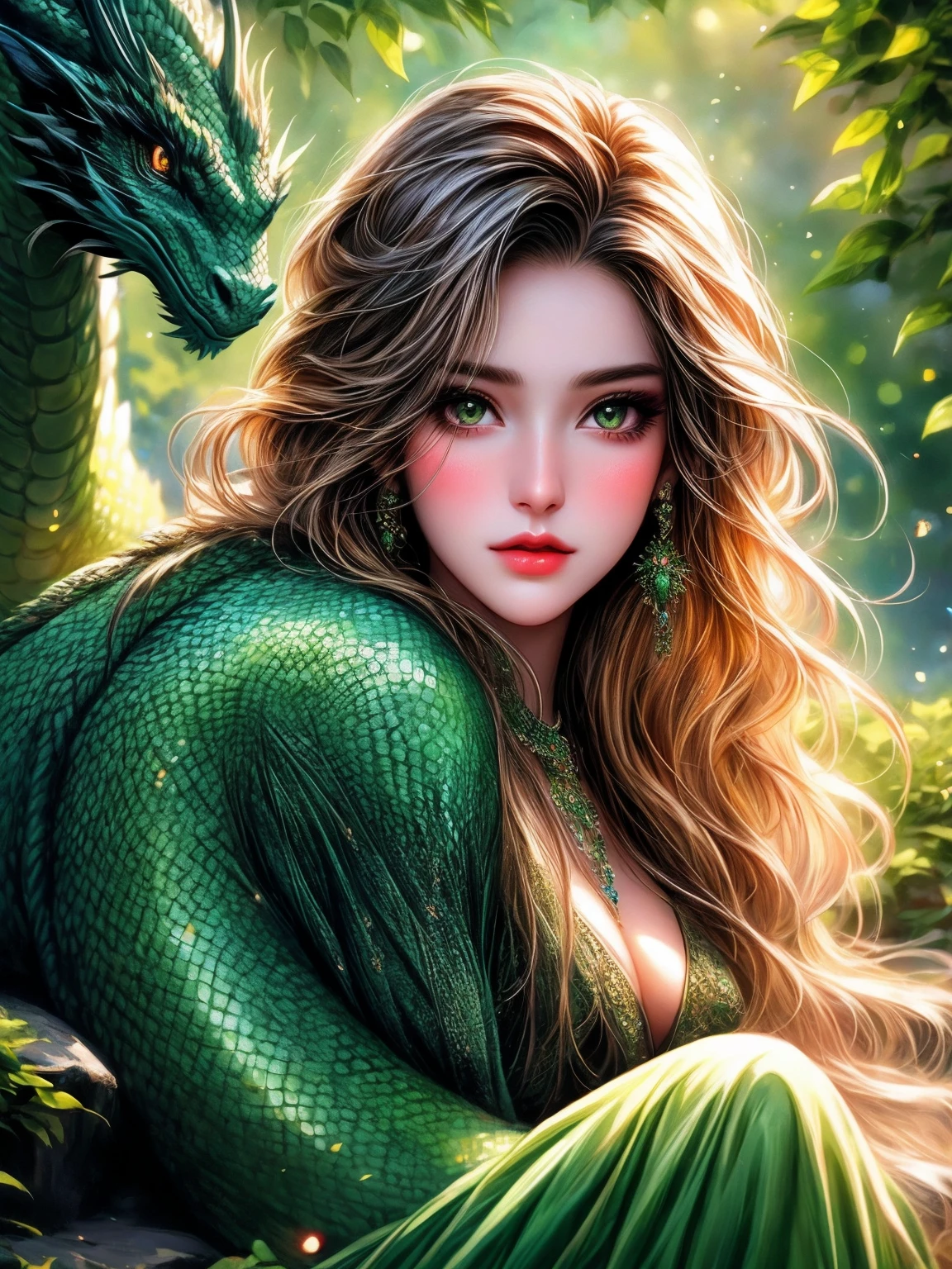 girl,dragon,detailed eyes,detailed lips,beautiful face,flowing hair,green garden,romantic,impressive colors,oil painting,highres,bokeh,vivid colors,soft lighting