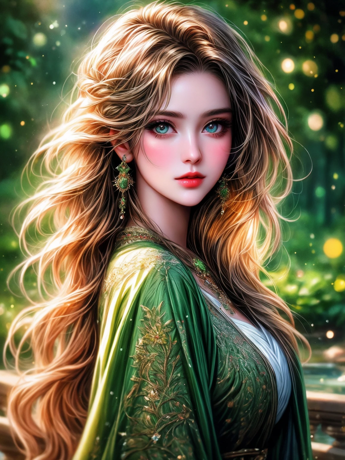 girl,dragon,detailed eyes,detailed lips,beautiful face,flowing hair,green garden,romantic,impressive colors,oil painting,highres,bokeh,vivid colors,soft lighting