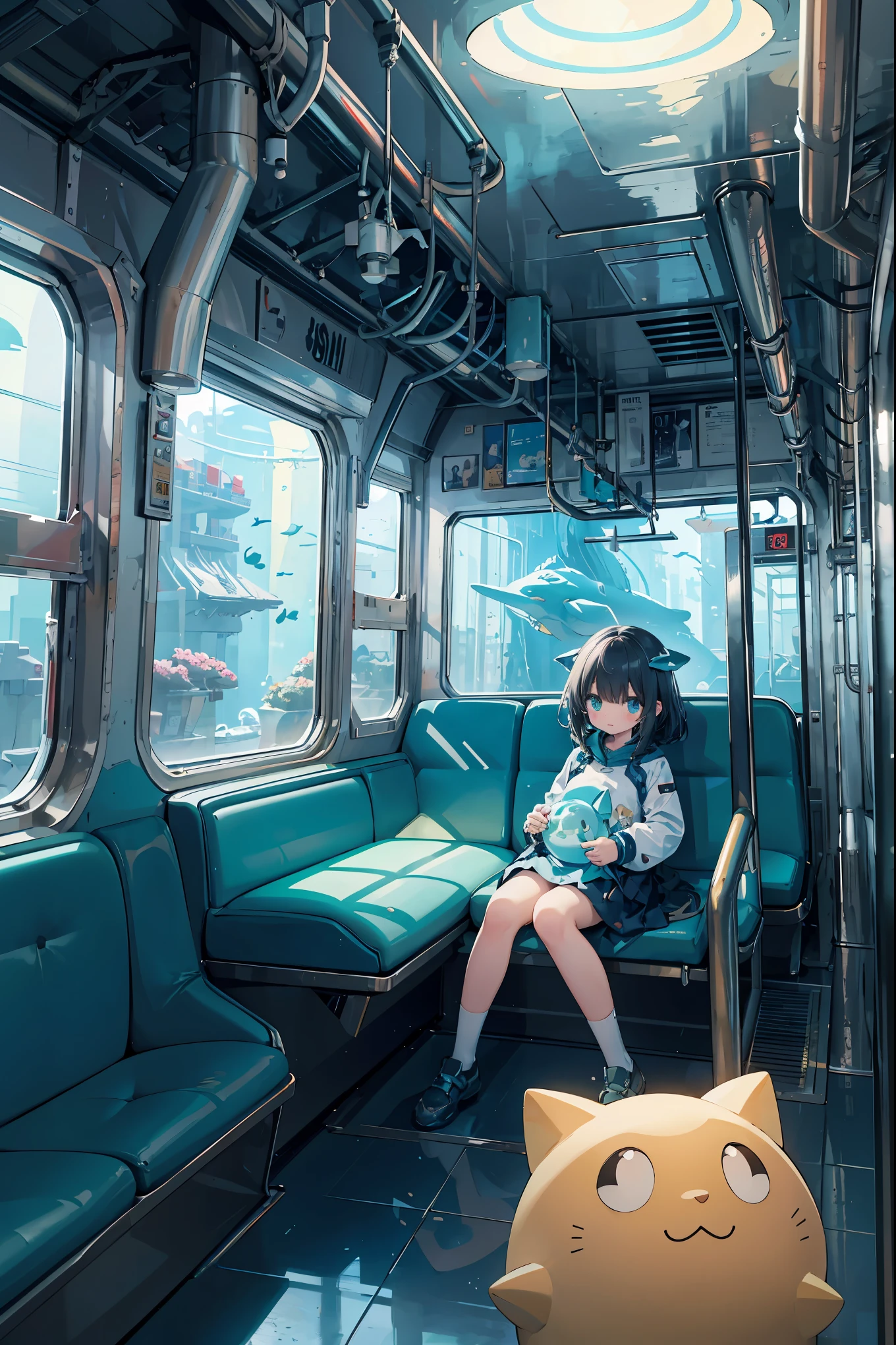 (Masterpiece, highest quality, absolute resolution, hyper-realistic work, realistic materials and textures, incredibly absurd, perfect anatomy),
BREAK
Topic: Subway
Subtitle: Deep Sea, Cute, Undersea Travel
BREAK
"The inside of a subway car has completely changed, and a girl is sitting alone in a space that looks like it has been transformed into a deep-sea exploration ship. In front of her, a fantastic undersea world passing by outside the window spreads out, creating a mystical atmosphere. You can see the ruins of Atlantis.Giant transparent stingrays glide gracefully, and from time to time ancient pillars and stone monuments appear outside the window.The girl wears a cute diving suit suitable for the deep sea. , holding a small, magically glowing submarine toy in his hand, he enjoys this fantastic journey under the sea as a child.The interior of the vehicle is decorated with multi-colored lights in the shape of molluscs. It's as if the creatures of the deep sea are welcoming us."