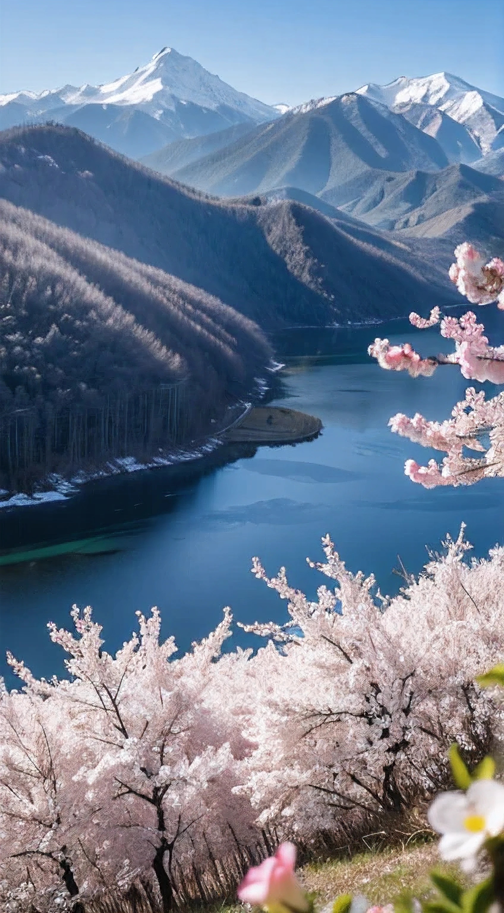 Tourists in the peach blossom forest in the snowy mountains on a sunny day