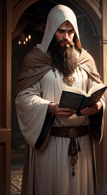 realistic and detailed image of a muslim warior, long beard on his face, thin, dressed in a rustic robe with a hood on his head, holding a holy quran, in a dark and islamic room with arcane symbols painted on the walls