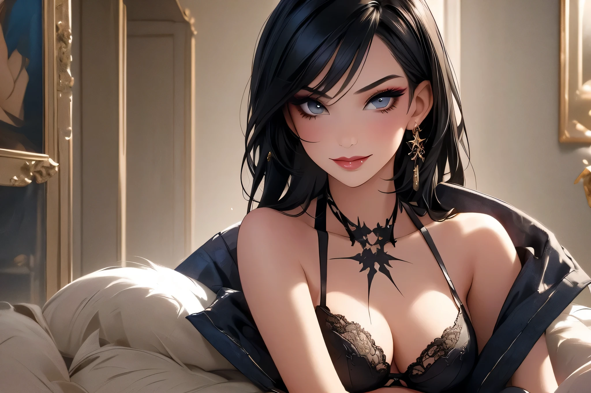 1girl,a beautiful fashion model ,(masterpiece, detailed background, best quality),short and shiny hair, black hair,smirk, lingerie, stripping, elegant makeup, exhibitionism, torn spiderman outfit, extravagant makeup, slender body