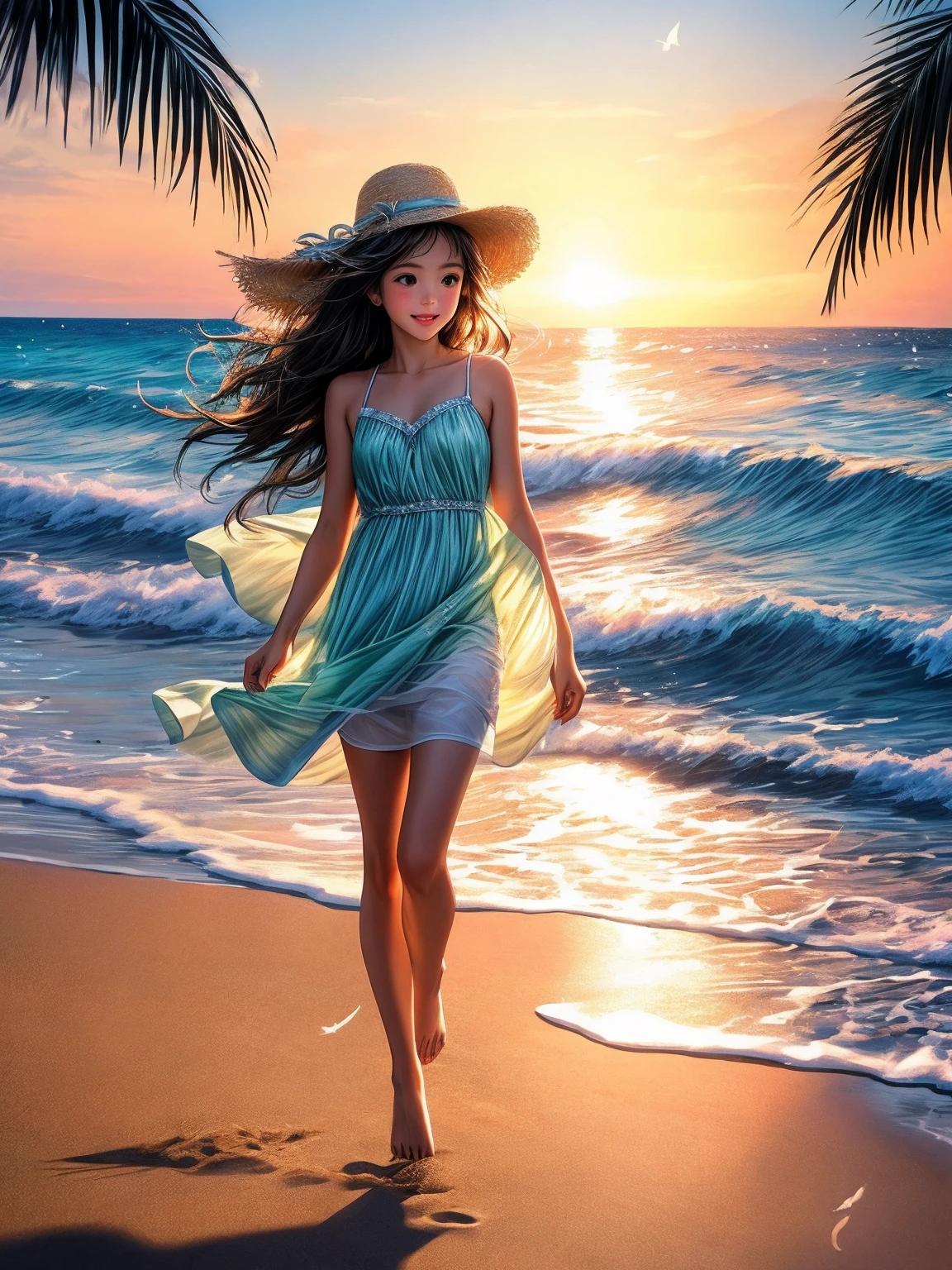 (best quality,4k,8k,highres,masterpiece:1.2),ultra-detailed,(realistic,photorealistic,photo-realistic:1.37),A girl playing with sand,fine sand texture,sunlit sandy beach,beautiful detailed eyes,beautiful detailed lips,soft flowing hair,summer simplicity,A girl wearing a colorful swimsuit,running on the beach,laughing and smiling joyfully,sun-kissed skin,golden hour sunlight,sparkling ocean waves,elegant summer hat,delicate footprints in the sand,chirping seagulls in the background,tranquil and calm atmosphere,vivid colors of the beach,gentle sea breeze,playful and carefree expression,sandcastles and seashells,playful puppies running around,seagulls soaring in the sky,flyaway dress,childish innocence and joy,crystal clear blue water,a distant sailboat on the horizon,lush green palm trees,whispering palm leaves,frothy white foam of the waves lapping at the shore,seaweeds and seashells scattered on the beach,emerald-colored beach towel,relaxation and tranquility,feeling the warmth of the sun on the skin,refreshing ocean breeze,footprints leading towards the horizon.