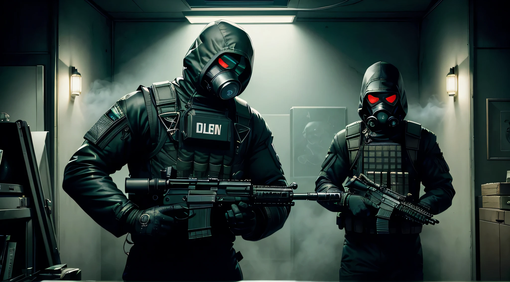 top-quality、Top image quality、masterpiece、charicature((black full face mask,Black spacesuit、gas masks、Hold an assault rifle、well-muscled、Green glowing body line、bulletproof vest)),hiquality、Beautiful Art、Background with((Inside the spacecraft、dark ilumination、Dark smoke、broken cable、many aliens))、masutepiece、Elaborate design、visualart、Perfect Art、Horror movie style