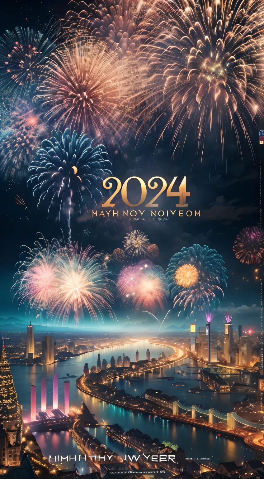 Holiday poster: (2024) new year, Background with: A grand fireworks display lights up the sky,(Best quality at best,4K,A high resolution,tmasterpiece:1.2),ultra - detailed,(actual,photoactual,photo-actual:1.37)
