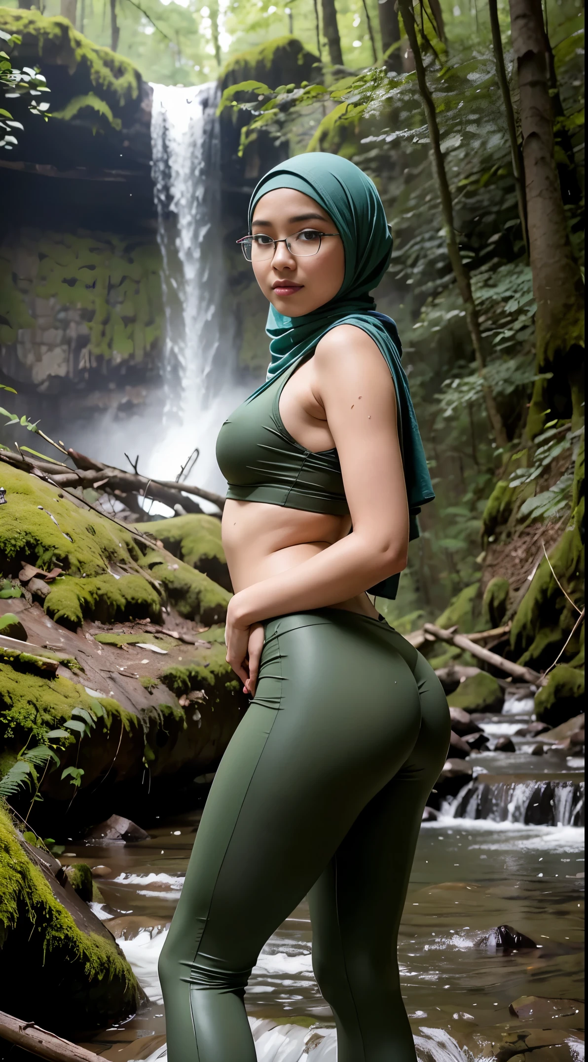 (iu:0.8),cleavage,ass, RAW, Best quality, high resolution, Masterpiece: 1.3, Beautiful glasses hijab,malaysian girl,on a forest trail crotchless, Masterpiece, Soft smile. sexy cloth,tight legging. forest mossy. waterfall. water splash