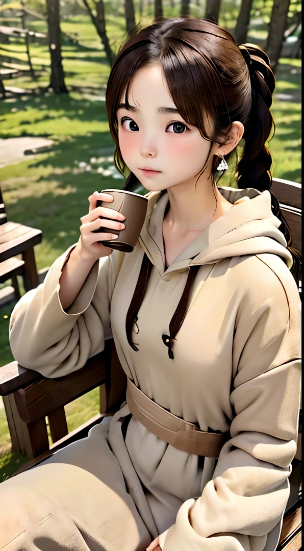 raw、Real Stick、Live-action adaptation、extremely pretty girl、Twin-tailed、detailed eyeeautiful double、Japanese、Natural look、Natural color clothing、Big hoodie、Sleeve length long enough to cover fingers、small tits、Cute earrings、Solo Camping、sit a chair、drinking a cup of coffee、