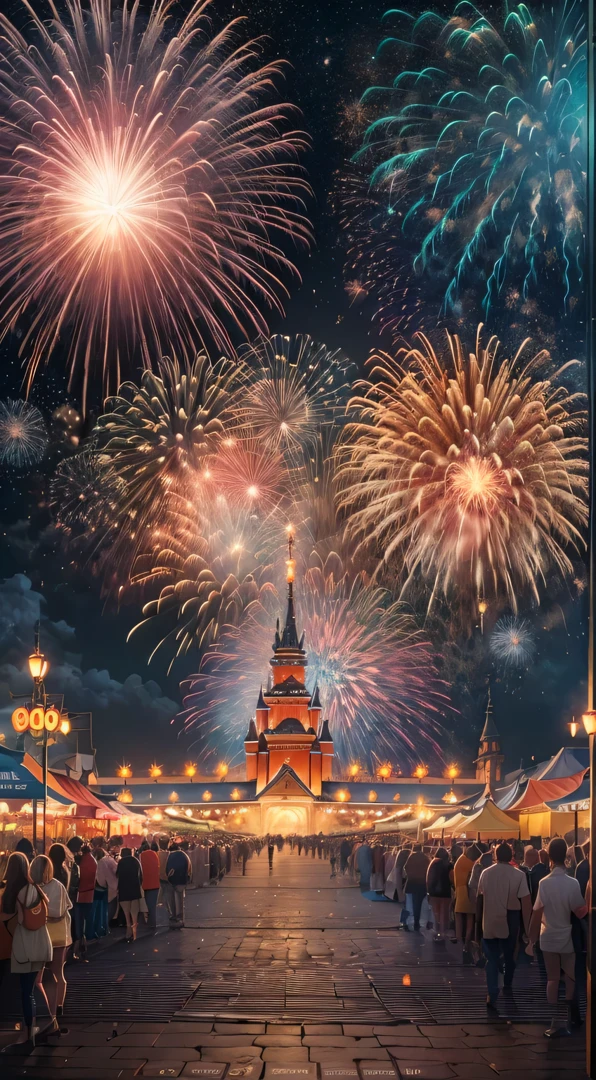 Holiday poster: new year, Background with: A grand fireworks display lights up the sky,Colorful,(Best quality at best,4K,A high resolution,tmasterpiece:1.2),ultra - detailed,(actual,photoactual,photo-actual:1.37)