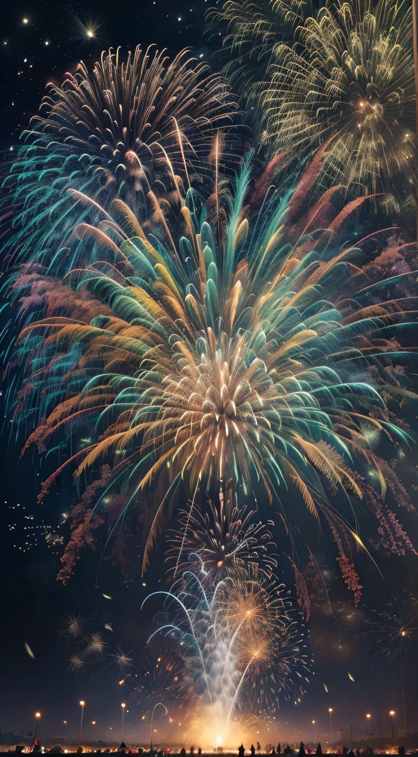 Holiday poster: new year, Background with: Colorful fireworks light up the sky,(Best quality at best,4K,A high resolution,tmasterpiece:1.2),ultra - detailed,(actual,photoactual,photo-actual:1.37)