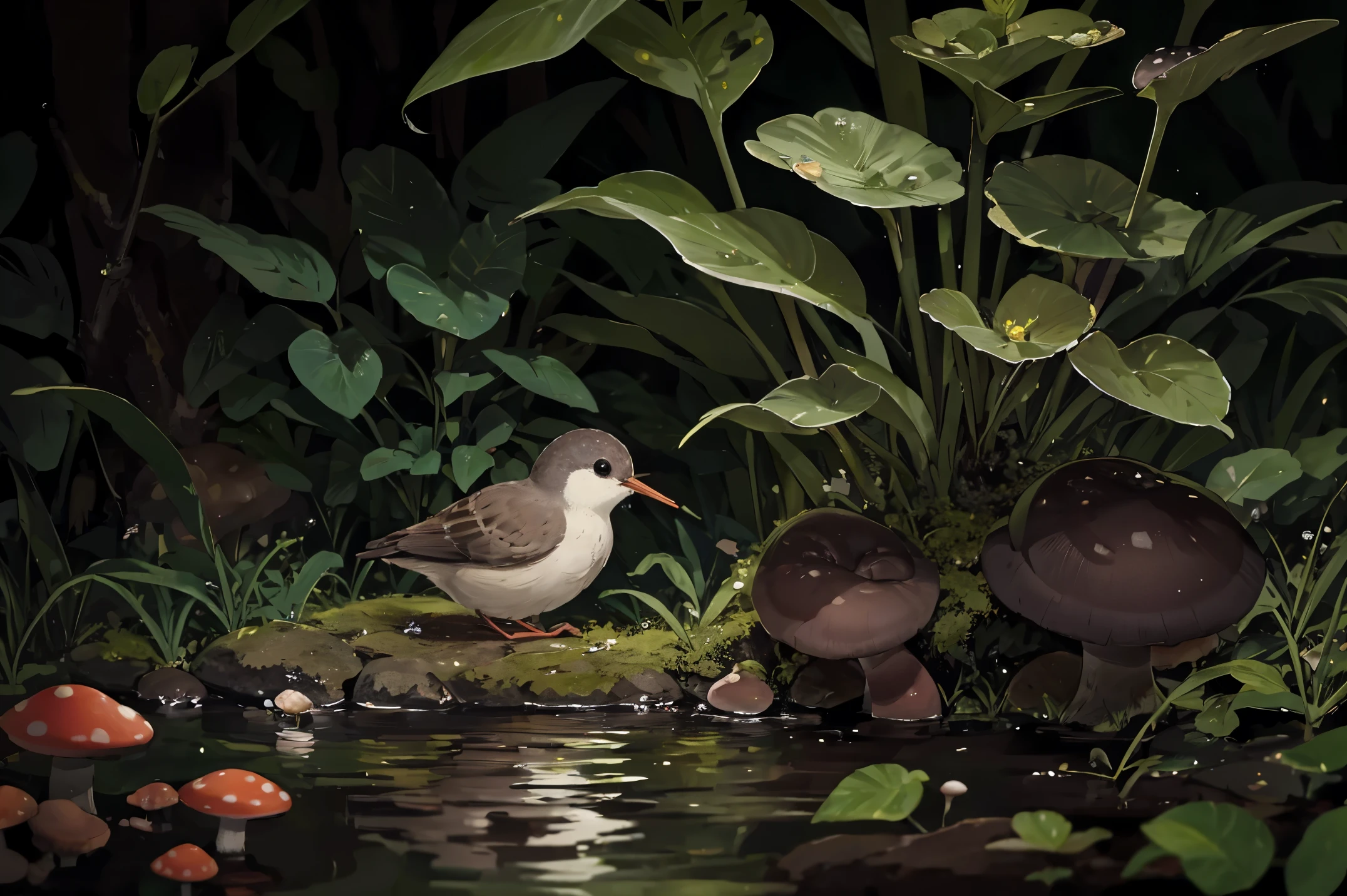 masterpiece, macro photograph of a tiny bird drinking water in a forest, dusk, mushrooms, dewdrops, high contrast, studio ghibli style, highly intricate, highly detailed, photorealism style