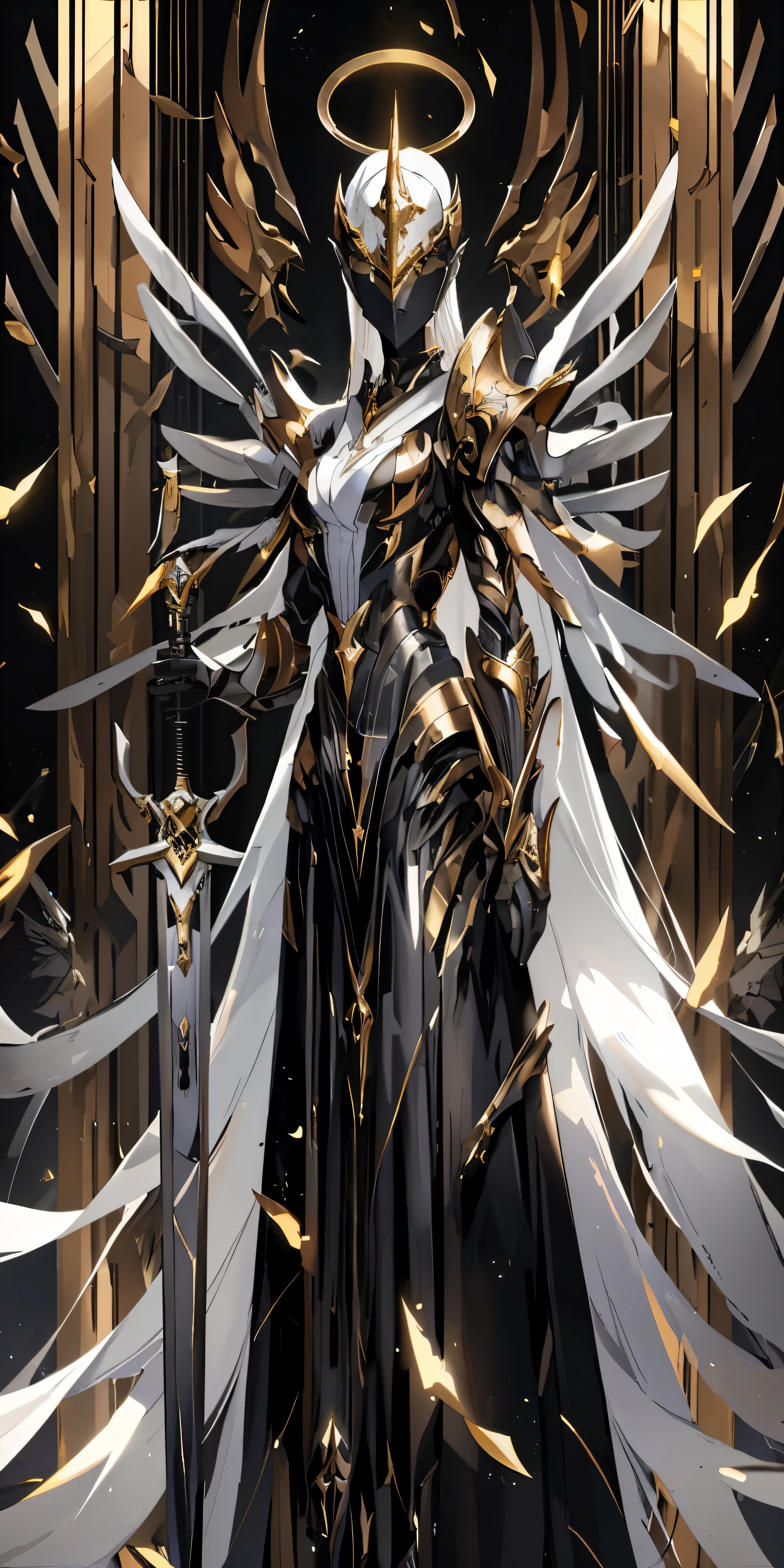 a woman in a black and gold costume holding a sword, style of raymond swanland, albedo from the anime overlord, the queen of blades, angelic golden armor, queen of blades, albedo from overlord, intricate white and gold armor, lolth, from arknights, anime epic artwork, by Yang J, black and golden armor