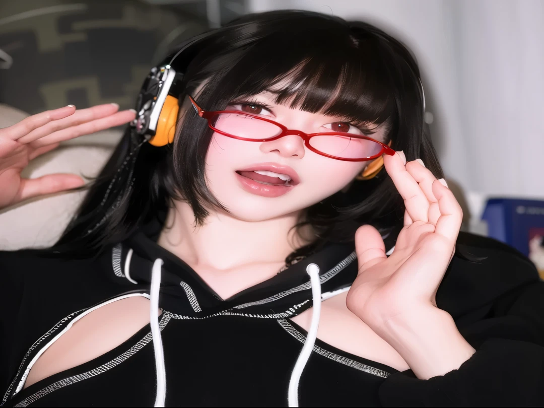 there is a woman con gafas and a black hoodie holding a cell phone to her ear, Hermosa Delphine, con gafas, con auriculares, con auriculares, Chica anime in real life, E - Chica, e-chica, vibraciones de anime, Shikamimi, Sakimichan, Orejas de anime, Chica anime , kanliu666