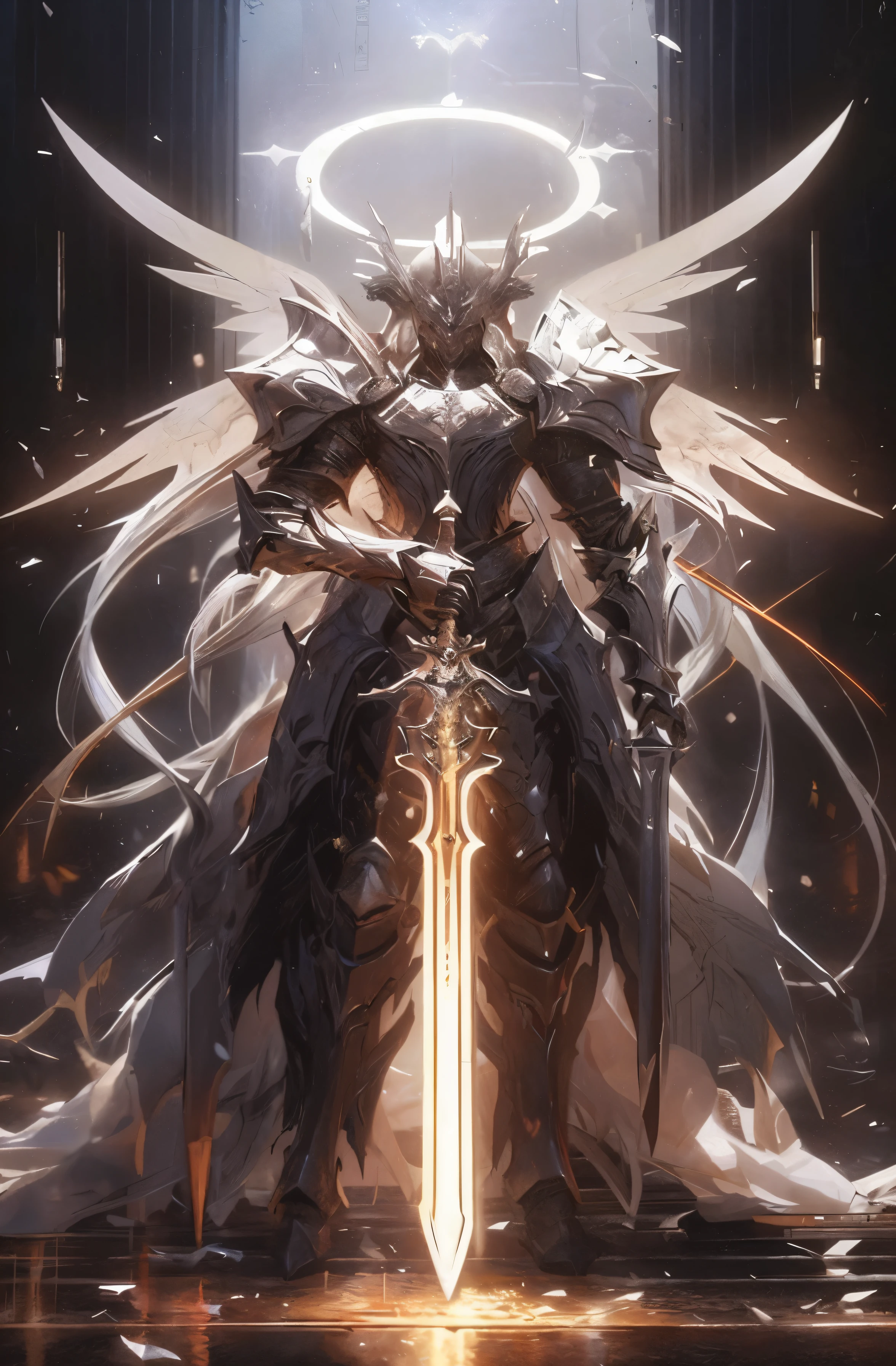 a digital illustration of a demonic knight with a sword in his hand, style of raymond swanland, by Yang J, dressed in light armor, anime epic artwork, fantasy paladin, from arknights, arknights, warrior of light, fantasy knight, epic exquisite character art, holy paladin, stunning armor, holy armor, from lineage 2, beautiful armor