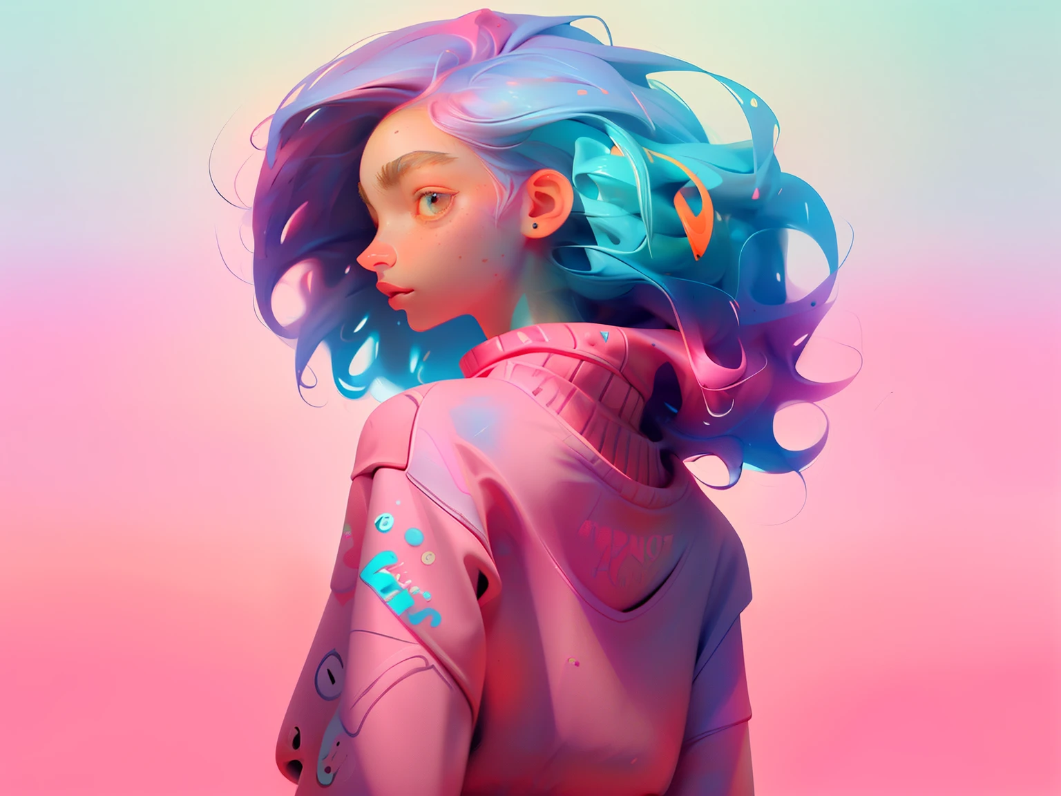The girl's back，upperbody closeup，Colorful hair and colorful trendy sweatshirts，Colorful art