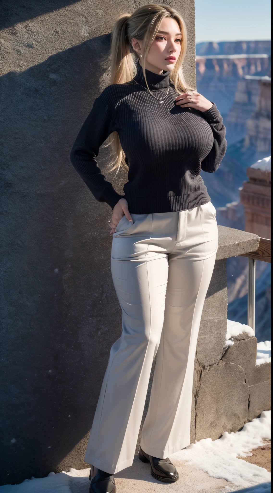 huge breast. excellent breast, masterpiece,ultra realistic,32k,extremely detailed CG unity 8k wallpaper, best quality, masterpiece,ultra realistic,32k,extremely detailed CG unity 8k wallpaper, best quality,(winter day ),lady ,necklace ,eardrop, Grand Canyon, United States, ( Orchid Pair a fitted turtleneck sweater with wide-leg pants and loafers. ) , Ash blonde hair pigtails ,