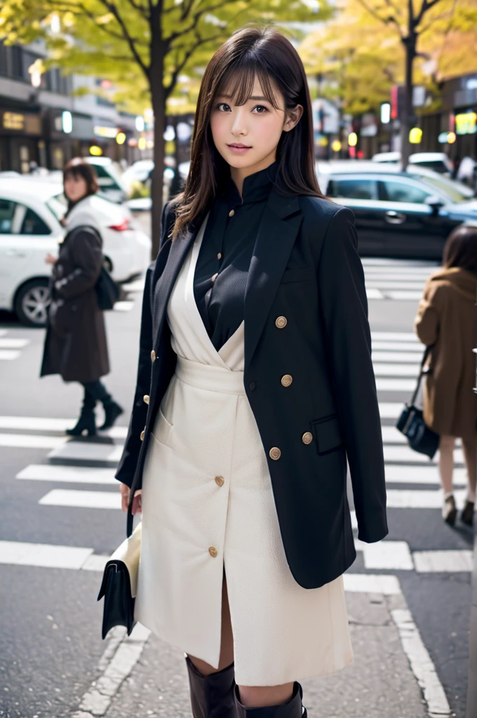 20Female Generation、Beautie、Asian Beauty、Long black hair、half up、Clear department、coat、skirt by the、boots、full bodyesbian、Standing、Stylish cityscape、Will、Clearly double eyelids、Big tear bag、Sakura Miyawaki