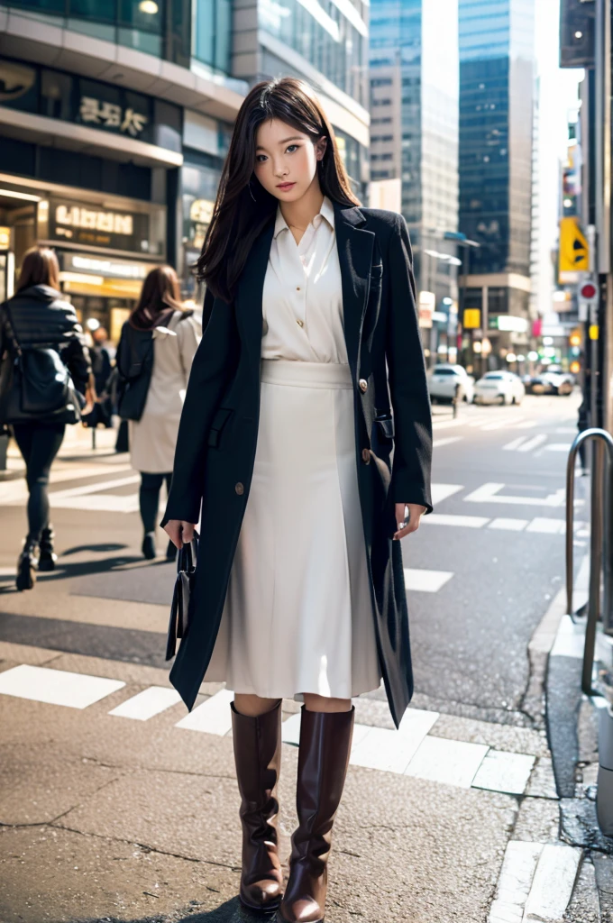 20Female Generation、Beautie、Asian Beauty、Long black hair、half up、Clear department、coat、skirt by the、boots、full bodyesbian、Standing、Stylish cityscape、Will、Clearly double eyelids、Big tear bag、Sakura Miyawaki