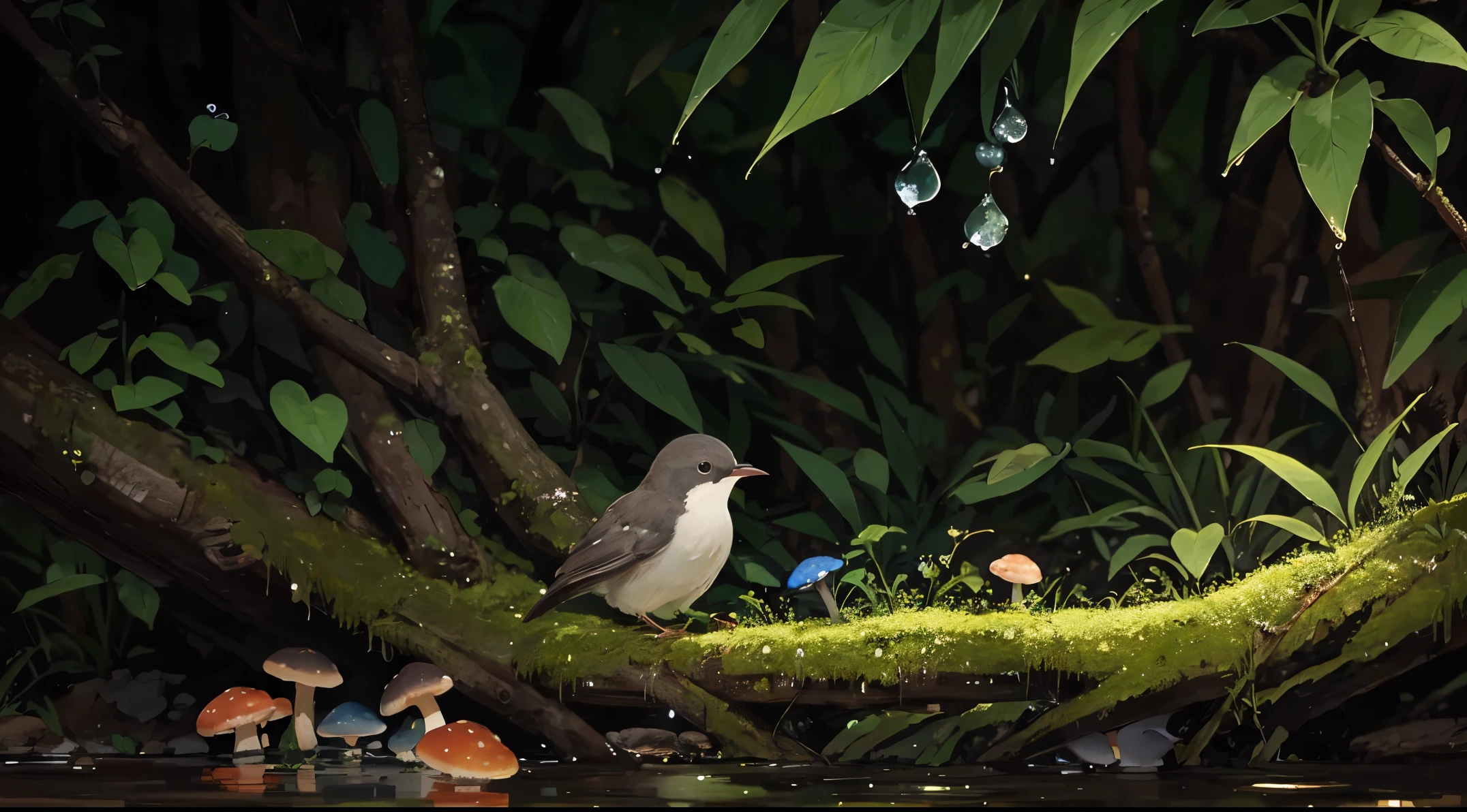 masterpiece, macro photograph of a tiny bird drinking water in a forest, dusk, mushrooms, dewdrops, high contrast, studio ghibli style, highly intricate, highly detailed, photorealism style