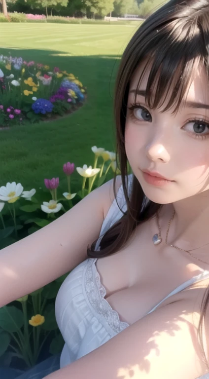 (a girl in a garden,green grass and blooming flowers,peaceful atmosphere),(best quality,8k resolution,masterpiece:1.2),(vivid colors,painterly style),(soft natural light,shadows and highlights)