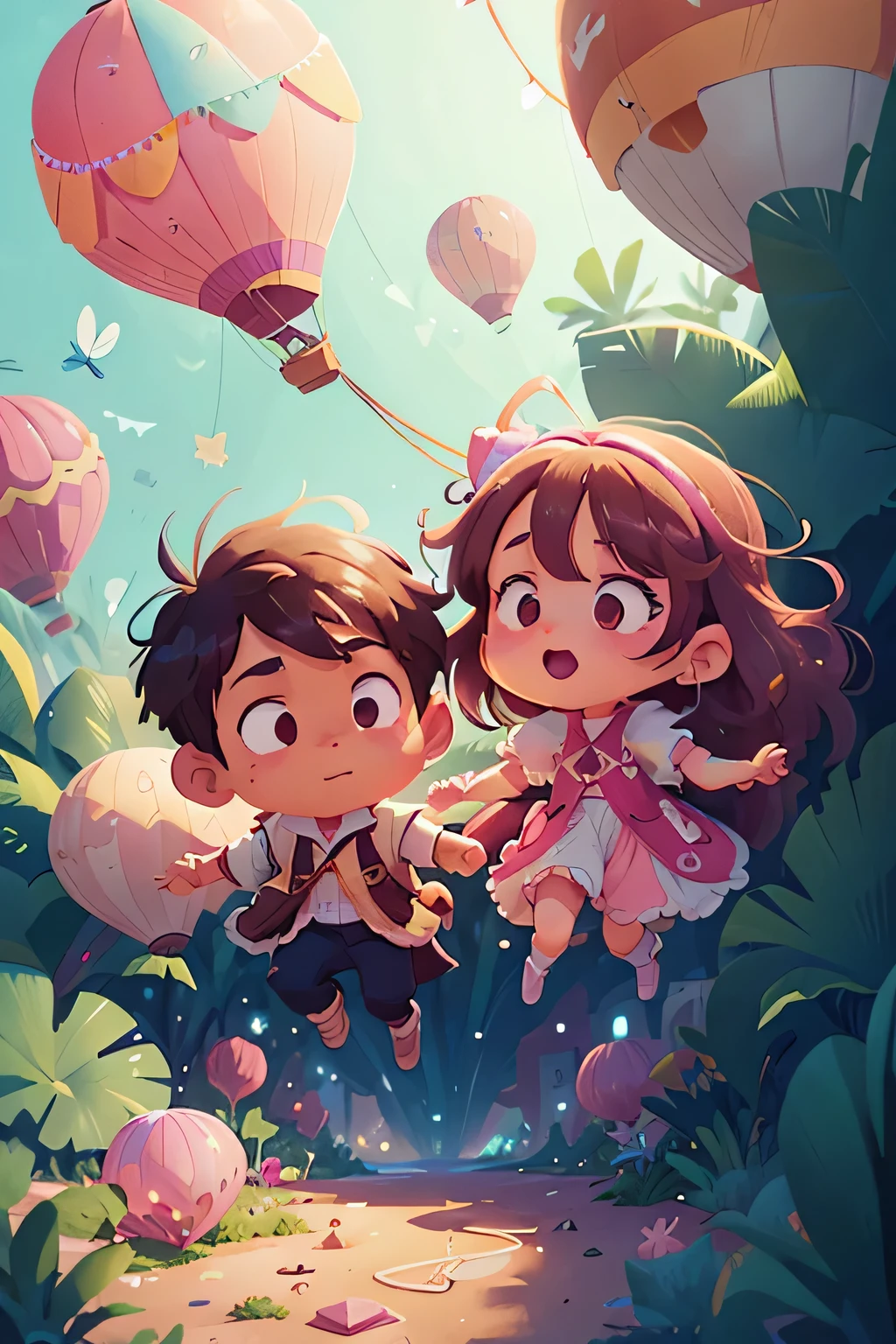 A cartoon couple flying in the sky in a pink hot air balloon, With ray tracing style, Romantic illustration, Understated heart pattern on sleeves, charming anime characters,Children's book illustration, delicate shading,White and pink, 3d game art, animated movie blue decoration, Elevation viewing angle, white backgrounid, depth of fields, pixar-style, c4d, Oak Renderer High Detail, 8K