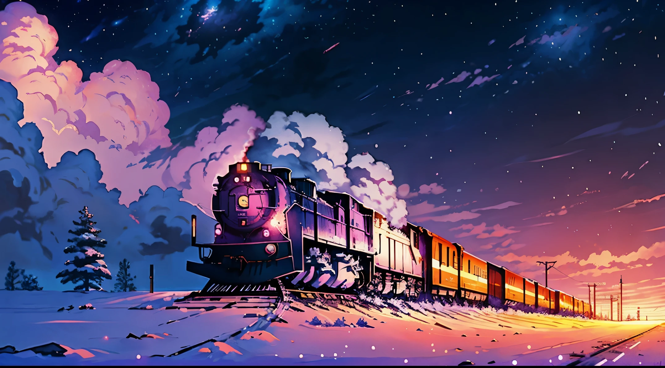 anime scenery of a huge train running on a vast winter plains under a starry night, purple pink sky, half moon, big moon, BREAK winter, snowy,train focus, view from under , anime art wallpaper 4k, anime clouds, makoto shinkai cyril rolando, by sylvain sarrailh, anime art wallpaper 8 k, 4k highly detailed digital art,