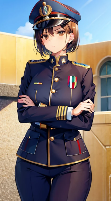 1girl, brown eyes, medium short hair, dictator, Italian, fascist, dictator suit, dictator hat, fascist dictator suit, Italian dictator suit, fascist dictator hat, arms crossed, serious, beautiful, perfect face, perfect anatomy , work of art, masterpiece, defined, attractive, beautiful, handsome, sexy, medium breasts, curvy body