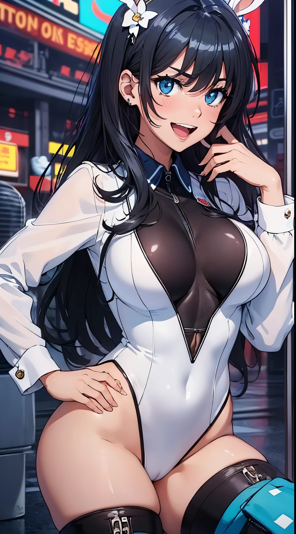 1womanl,Black hair,14years ,(()),Beautiful breasts,(((sexy white and blue shiny bunny suit)))(())(((Blushing cheeks、Smile with open mouth)),(((Satin Narico))),((( portlate))),Crowds,white and blue bunny suit,casino