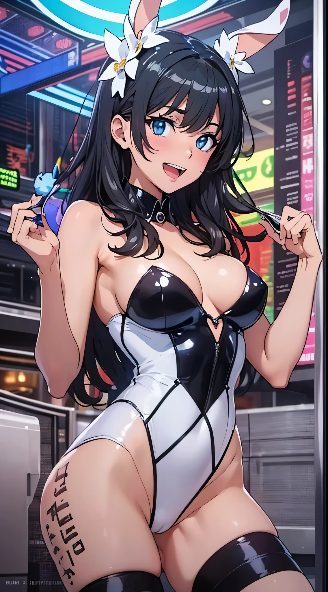 1womanl,Black hair,14years ,(()),Beautiful breasts,(((sexy white and blue shiny bunny suit)))(())(((Blushing cheeks、Smile with open mouth)),(((Satin Narico))),((( portlate))),Crowds,white and blue bunny suit,casino