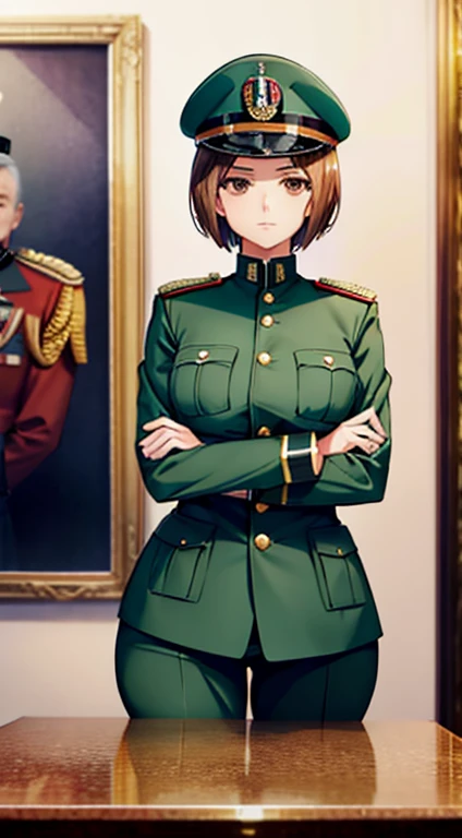 1girl, brown eyes, medium short hair, dictator, Italian, fascist, dictator suit, dictator hat, fascist dictator suit, Italian dictator suit, fascist dictator hat, arms crossed, serious, beautiful, perfect face, perfect anatomy , work of art, masterpiece, defined, attractive, beautiful, handsome, sexy, medium breasts, curvy body