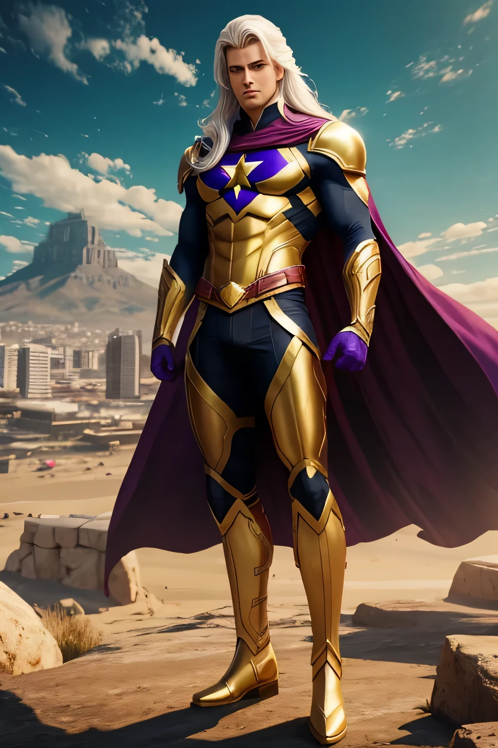4k art. Handsome male, superhero, flying, long hair, white hair. Purple eyes. White body suit, golden bracers, golden belt,  white gloves, golden boots. no cape. City scape background.