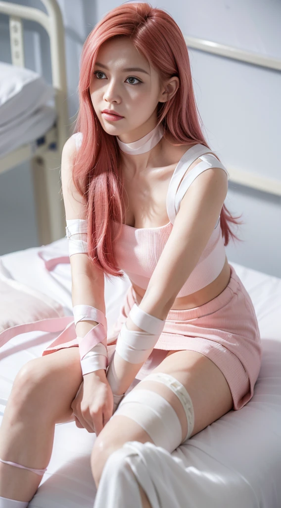 (close_up:1.6) low_angle (low_angle_shot:1.7), (long_skirt:1.3),(flirty:1.4) (tongue_out:1.3) infirmary (nurse_girl:1.5), (red_cross:1.3) (long_hair:1.5) (pink_hair:1.4) (flat_bang:1.2) . (syringe:1.5) (blushed_cheeks:1.3) hint at her (shy:1.2) nature. (bandaged_hands:1.5) is fully (wrapped:1.3) in a clean white bandage. (treating:1.5) on a young (students:1.5) wearing a school uniform, lying on a white (hospital_bed:1.5), with (gentle_care:1.5). Hyper realistic, best quality, masterpiece, ultra high res, (photorealistic:2.0), raw photo, sharp focus, HDR, detailed skin.