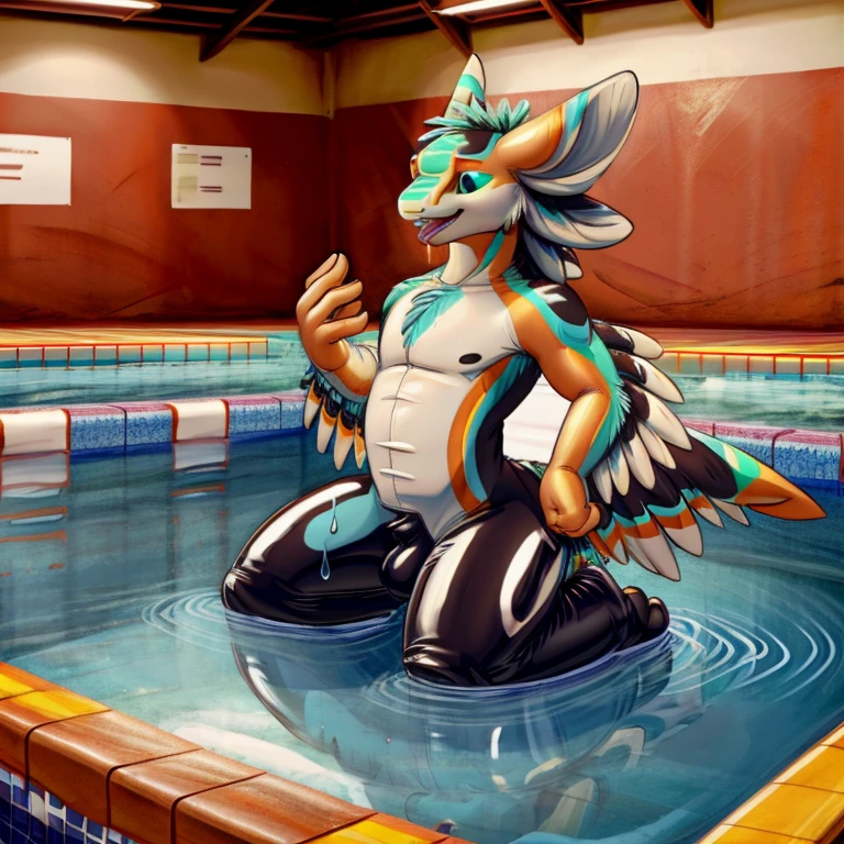 HD, (((1guy))), ((ultra high resolution)), (((photorealistic))), masterpiece, ((GoPro)), ((real life photograph)), lifelike, photography, half transformation, a close up photo of a (((human Avali latex polyvinyl pooltoy hybrid in gymnasium pool))), ((((male)))), (latex goo ooze coating), (((onyx cobalt silver mint)), commission on furaffinity, furaffinity commission, male human to avali pooltoy transformation commission, ((young male human Avali pooltoy hybrid)), fullbody commission