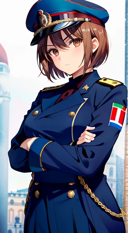 1girl, brown eyes, medium short hair, dictator, Italian, fascist, dictator suit, dictator hat, fascist dictator suit, Italian dictator suit, fascist dictator hat, arms crossed, serious, beautiful, perfect face, perfect anatomy , work of art, masterpiece, defined, attractive, beautiful, handsome, sexy, medium breasts,
