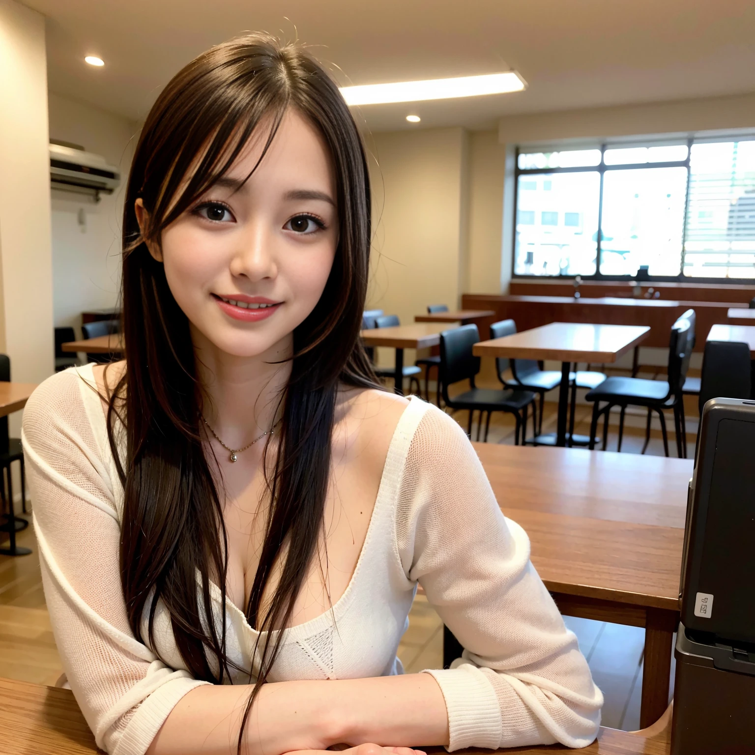 matured female , best quality, hires, detailed face , blouse , smile , breast , chest, cafe