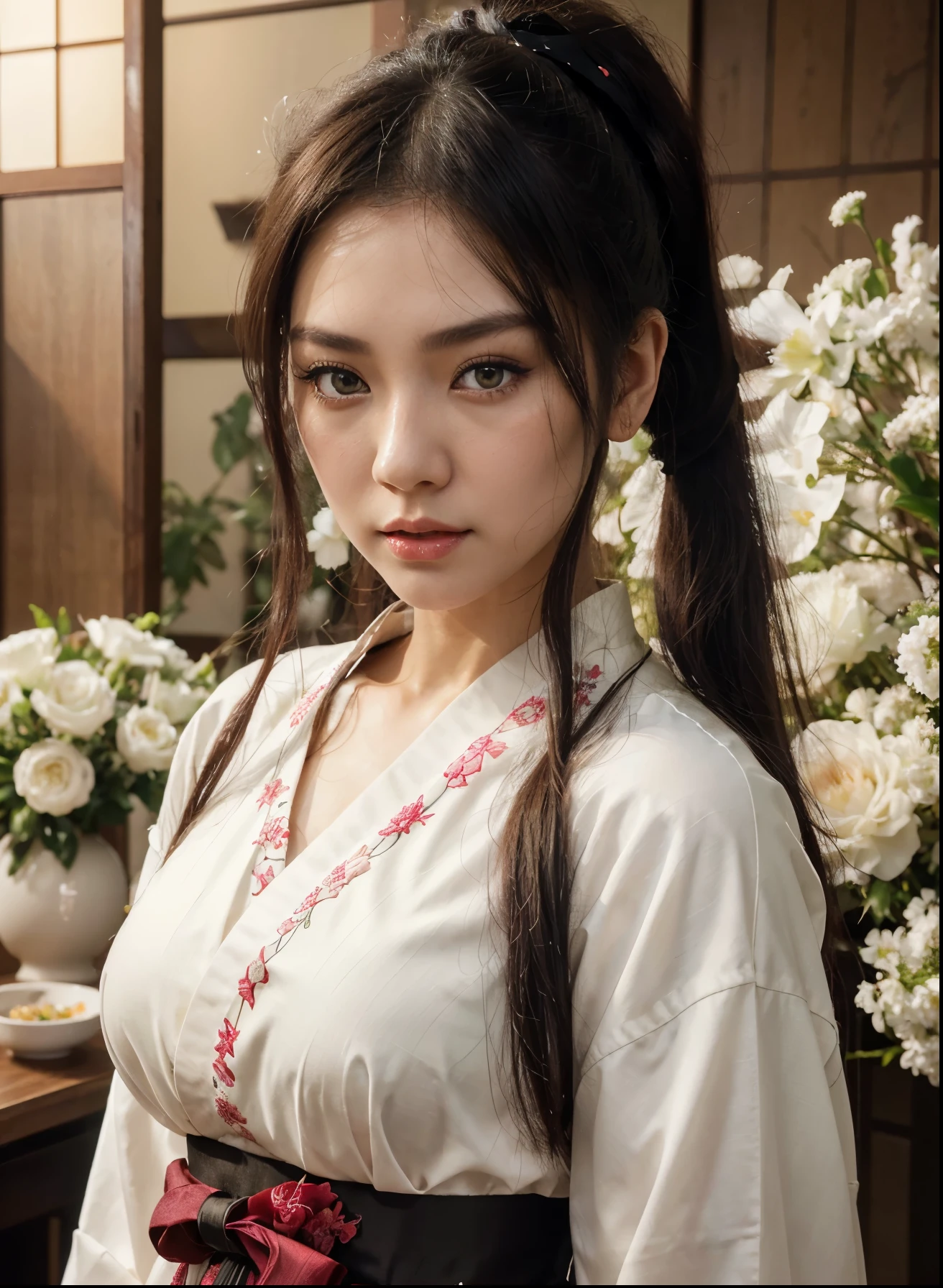 A gorgeous Japanese goddes, wearing white kimono, black long hair, ponytail hair, Beautiful goddess, green eyes, beautiful eyes, thick eyeliner,double eyelids,blushing face, red lips, blushing, pale white skin, Amazing girl, flowers, Japanese vibes, cinematic lighting, masterpiece, best quality, high resolution, hyper realistic, 8k