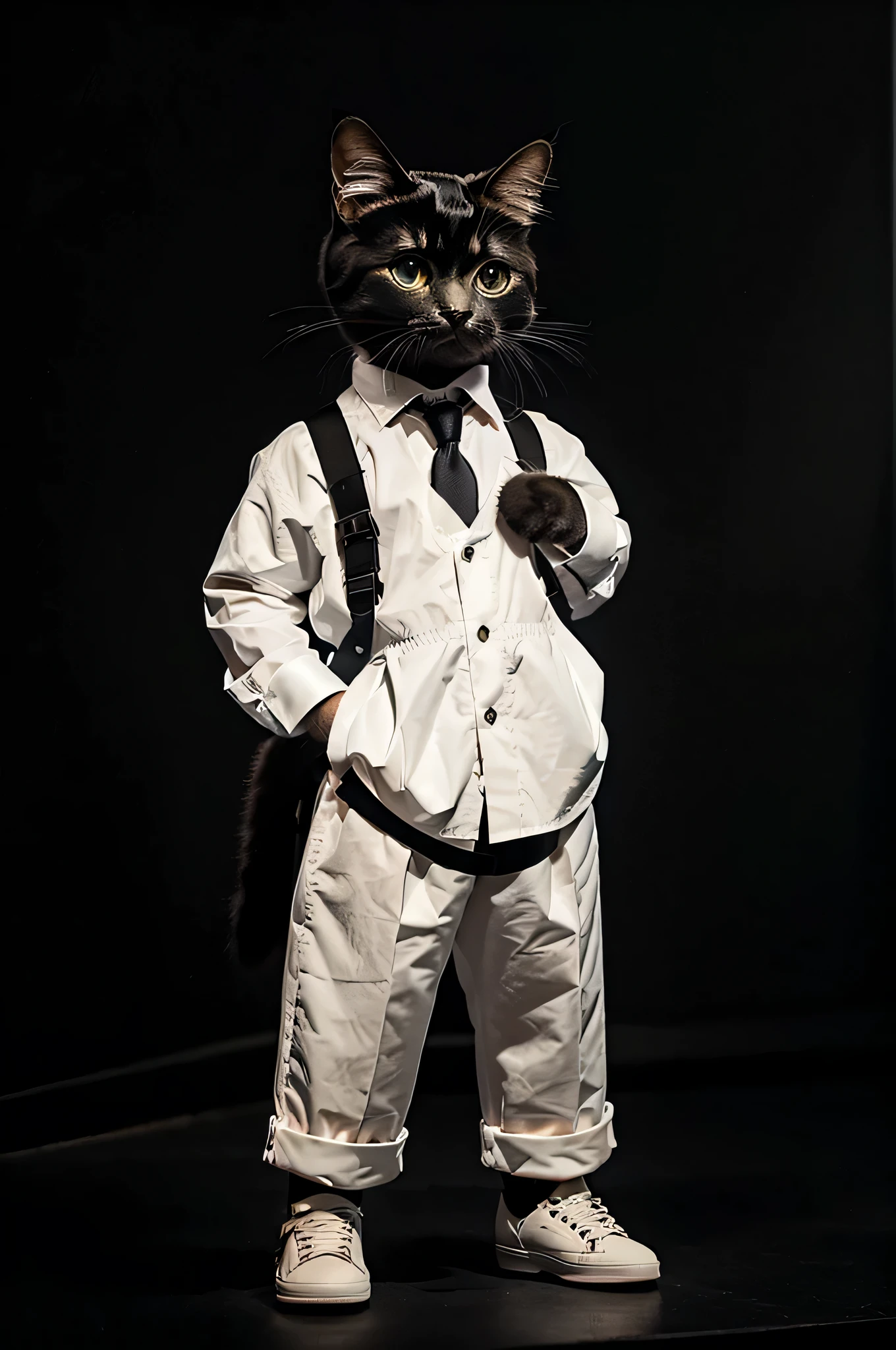a cute little cat,wearing black suits,Wear it with a white shirt,Wearing black leather shoes on his feet,Stand in front of a black background,Strike a confident pose。Cute digital illustration art,tmasterpiece,Best quality at best, abstracted