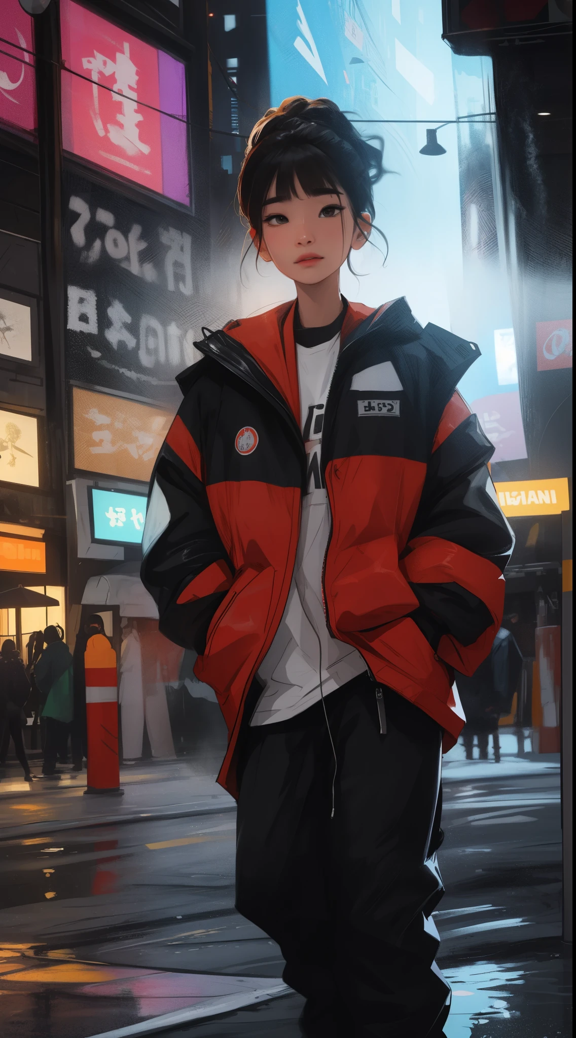 Diniti, (Smoke effect around the head, Steam effect) tatuag, working, night scenery, Beutiful women, Ultra HD portraits, (high qulity) (hyper-detailing) Looking at the audience dressed in hip-hop style streetwear; distinct, Colorful, long trousers 🌈
