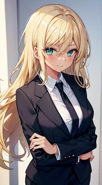 1girl, lightly tanned skin, disheveled hair, blonde hair, green eyes, black suit, black jacket, white shirt, blue tie, formal suit, formal suit, america, sexy, attractive, perfect face, masterpiece, medium breasts, body curvy, smiling arrogantly